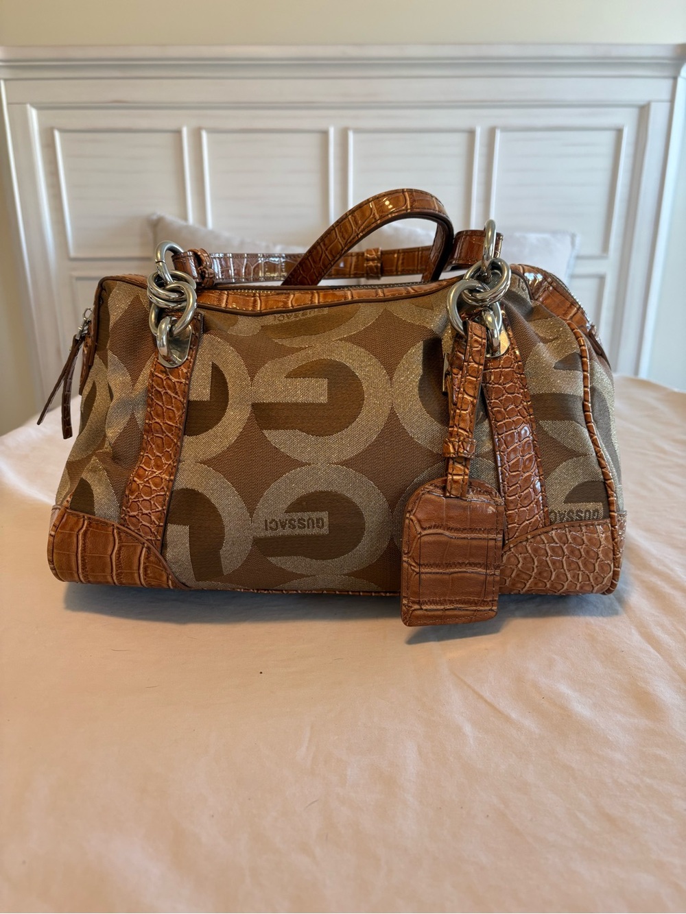 Gussaci Y2K Monogram Croc Satchel Bag Brown Metallic Purse